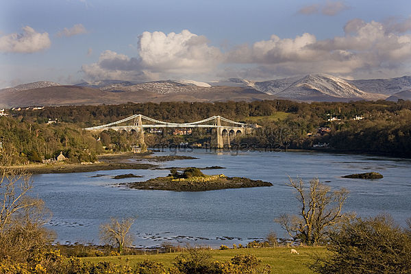 The Menai Suspension Bridge & snow capped Snowdonia